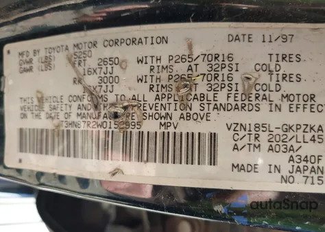 1998 Toyota 4Runner Sr5 V6 Limited from USA, damaged, VIN JT3HN87R2W0152995